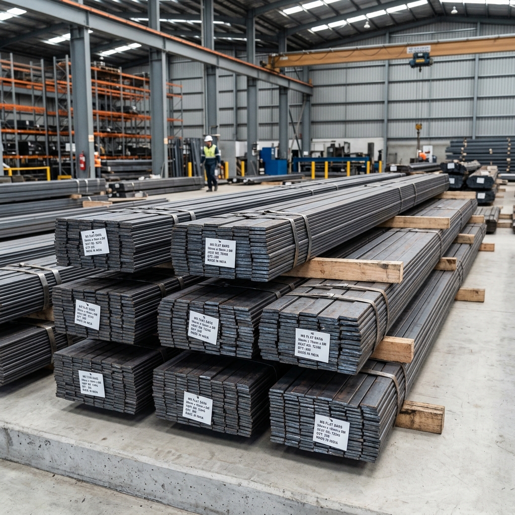 MS Flats and Mild Steel Flat Bars bundles stacked in steel warehouse yard - Msflats.in